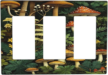Mushrooms Forest Nature Botanical Art 3 Gang Rocker Triple Outlet Wall Plate Decorative Switchplate Cover Faceplate GFCI Light Switch Covers for Farmhouse Living Decor