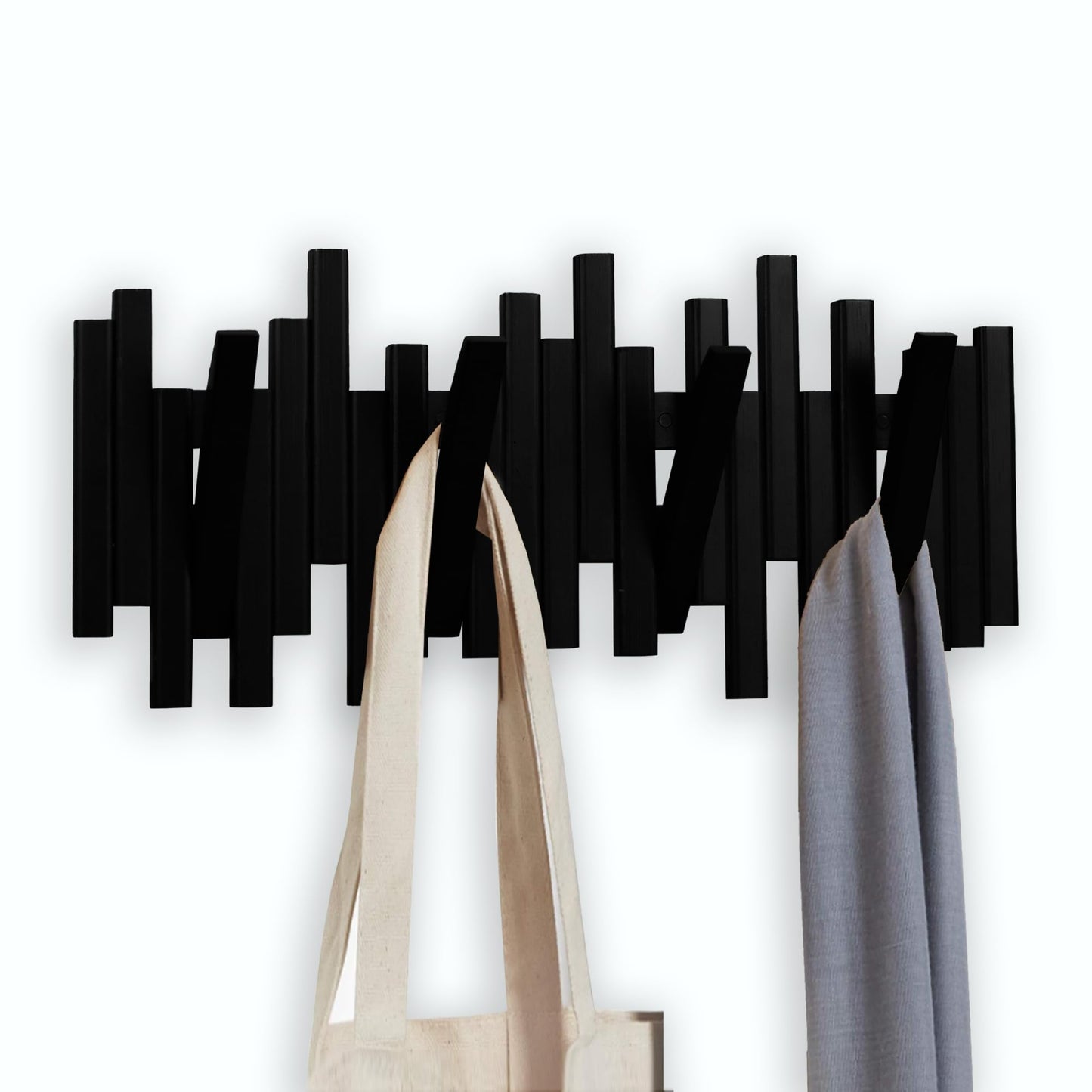 MinBoo Bamboo Multi Hook Coat Rack -Decorative Hooks for Wall Modern, Unique, Space-Saving Coat Hanger with 4 Flip-Down Hook for Hanging Coats, Christmas Decorations Wall Hooks for Hanging,Black