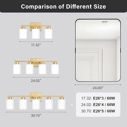 Gold Bathroom Light Fixtures, 5-Light Modern Vanity Light Over Mirror, Wall Sconces with Milky White Frosted Glass Shades, E26 Socket (Bulbs Not Included)