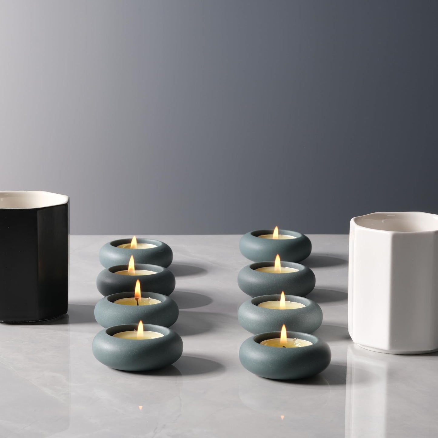 ICNBUYS Handmade Decorative Pebble Tealight Candle Holders Set of 8 - Handcrafted Home Decor Accent for Calming Earthy Aesthetic Cement Grey Blue Diameter 2.6 inches