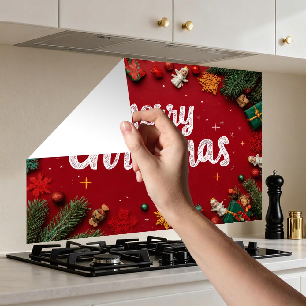 Kitchen Wall Decals 35.5x23.6 Inch Merry Christmas Lettering with Gifts Snowflakes and Pine Branches Peel and Stick Wall Stickers for Kitchen Living Room Holiday Home Decoration Removable
