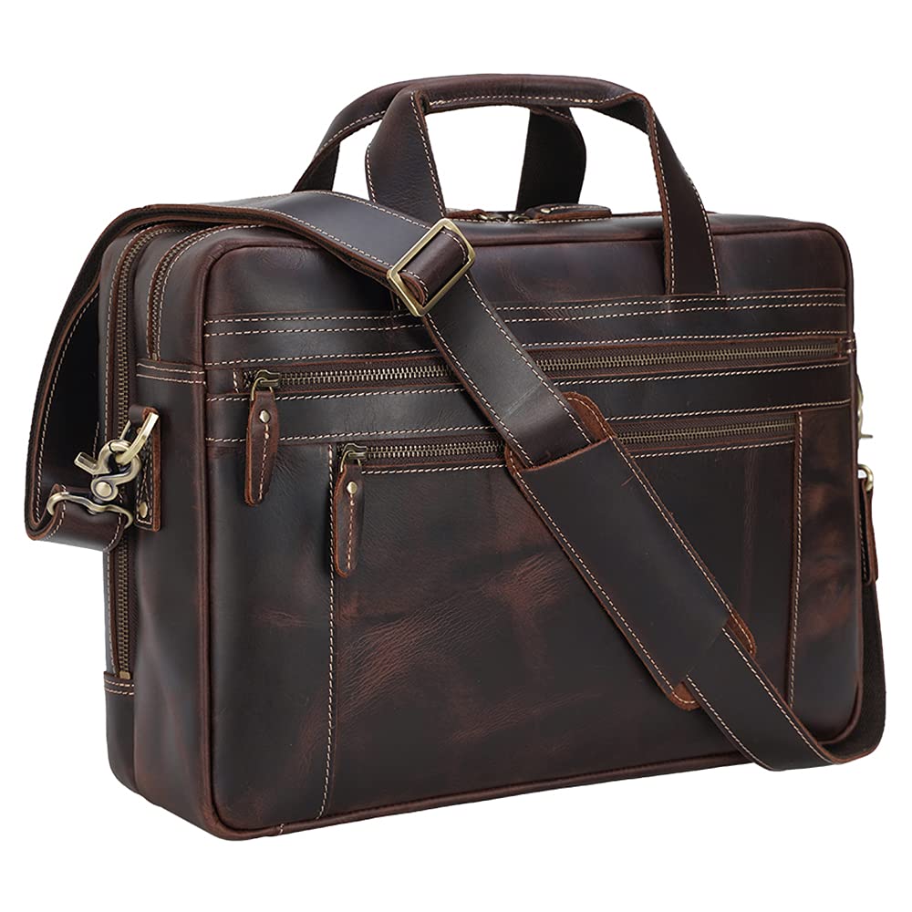 TIDING Vintage Genuine Leather Briefcase for Men 17.3 Inch Computer Bag Business Travel Messenger Bag Attache Case