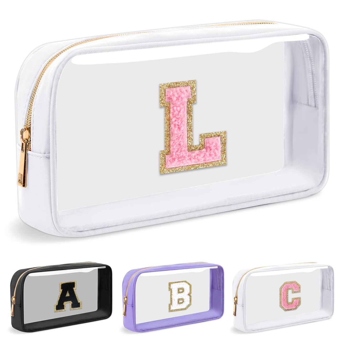UIXIZQ Personalized Initial Letter Clear Makeup Bag,Preppy Small Nylon&PVC Cosmetic Zipper Bag with Chenille Letter,Travel Skincare Toiletry Bag,Monogram Christmas Gift for Teen Girls Women,L