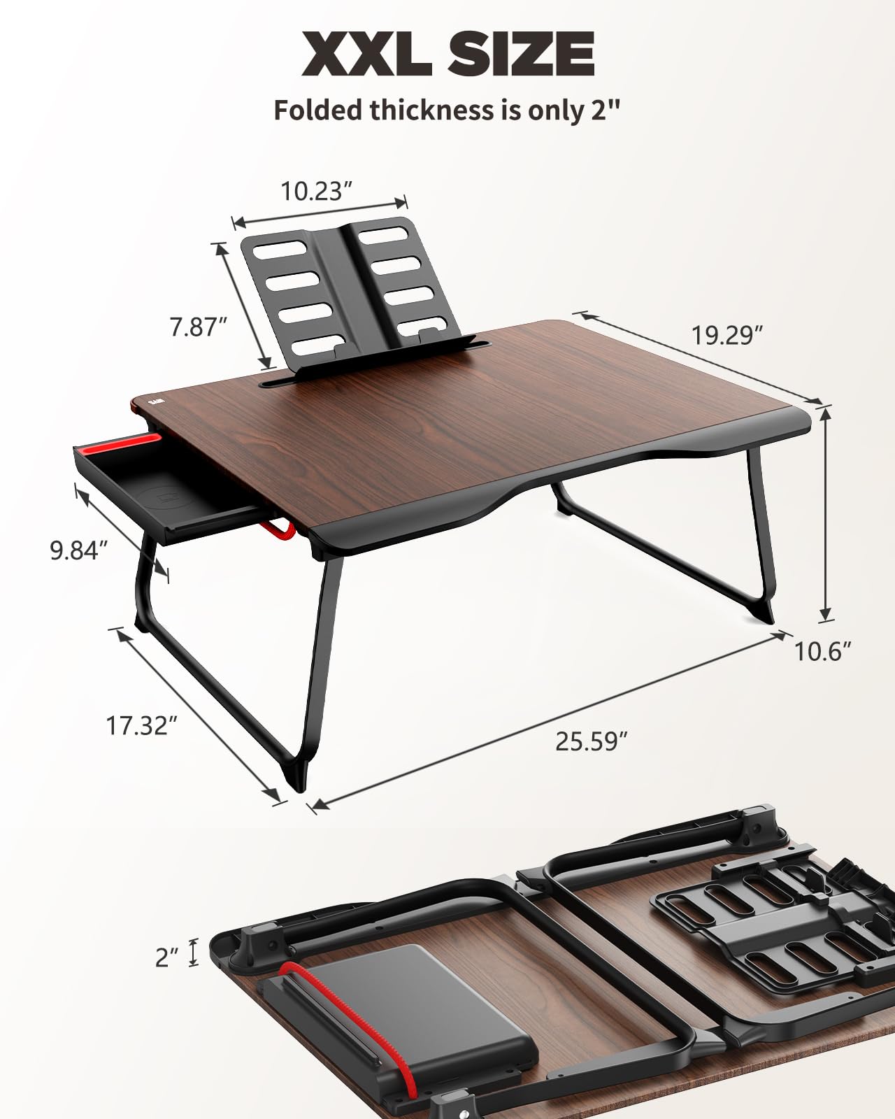 Laptop Desk for Bed, SAIJI XX-Large Foldable Bed Tray Table for Eating Breakfast, Writing, Working, Gaming, Drawing with Storage Drawer, Handrest Bookstand, Tablet Stand, Phone Stand(Black Cherry)