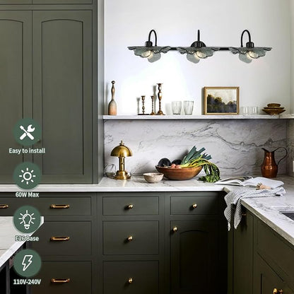 Black Bathroom Vanity Light mid Century Wall Sconce 3-Light Bathroom Wall Light Wall lamp with Dark Green Glass Shade Mirror Black Vanity Light Over Mirror for Bedroom Hallway Living Room