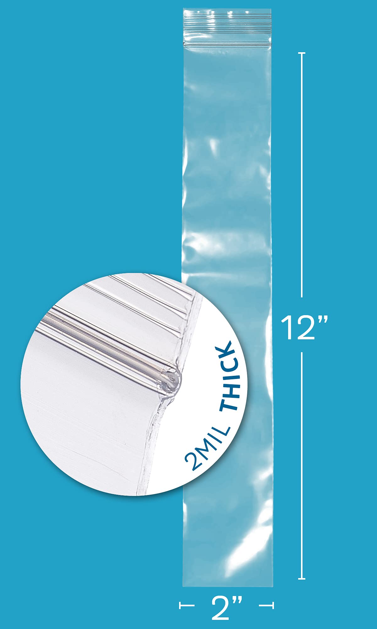 GPI - 2" x 12" Long Zip Bags, 200 Count, 2 Mil, Clear Plastic Reclosable Zipper Poly Baggies, with Resealable Zip Top Lock Seal, for Incense, Necklaces, Jewelry, Medical Supplies, Beads & Seeds