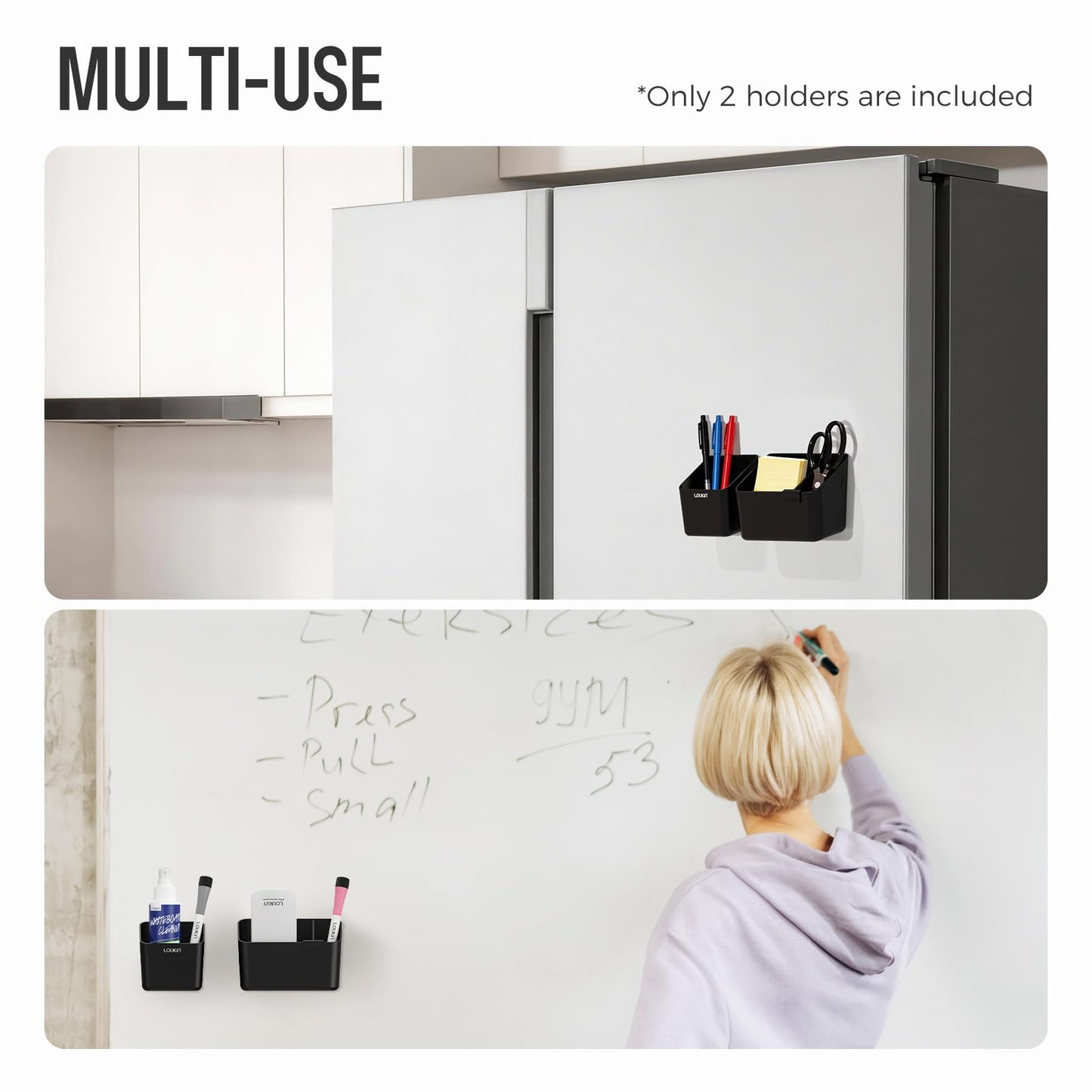 loukin Magnetic & Adhesive Dry Erase Marker Holder with Divider, 1 Small + 1 Mini, Magnetic Storage Organizer for Whiteboard or Refrigerators (Black)