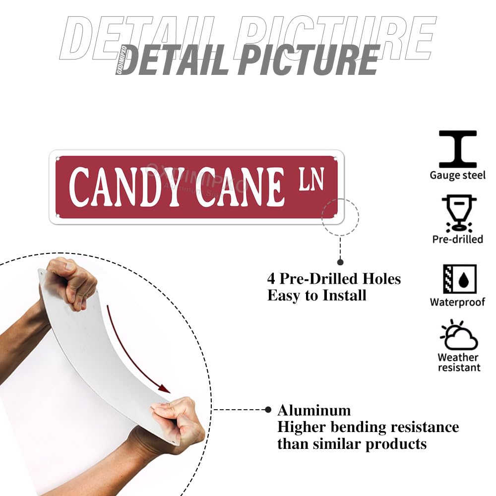 Candy Cane Lane Christmas Theme Street Sign Gifts 4x16 Inches Metal Wall Art Novelty Holiday Humor Ornament for Home/Kitchen/Office/Man Cave/Bar, Aluminium, 4x16 Inches