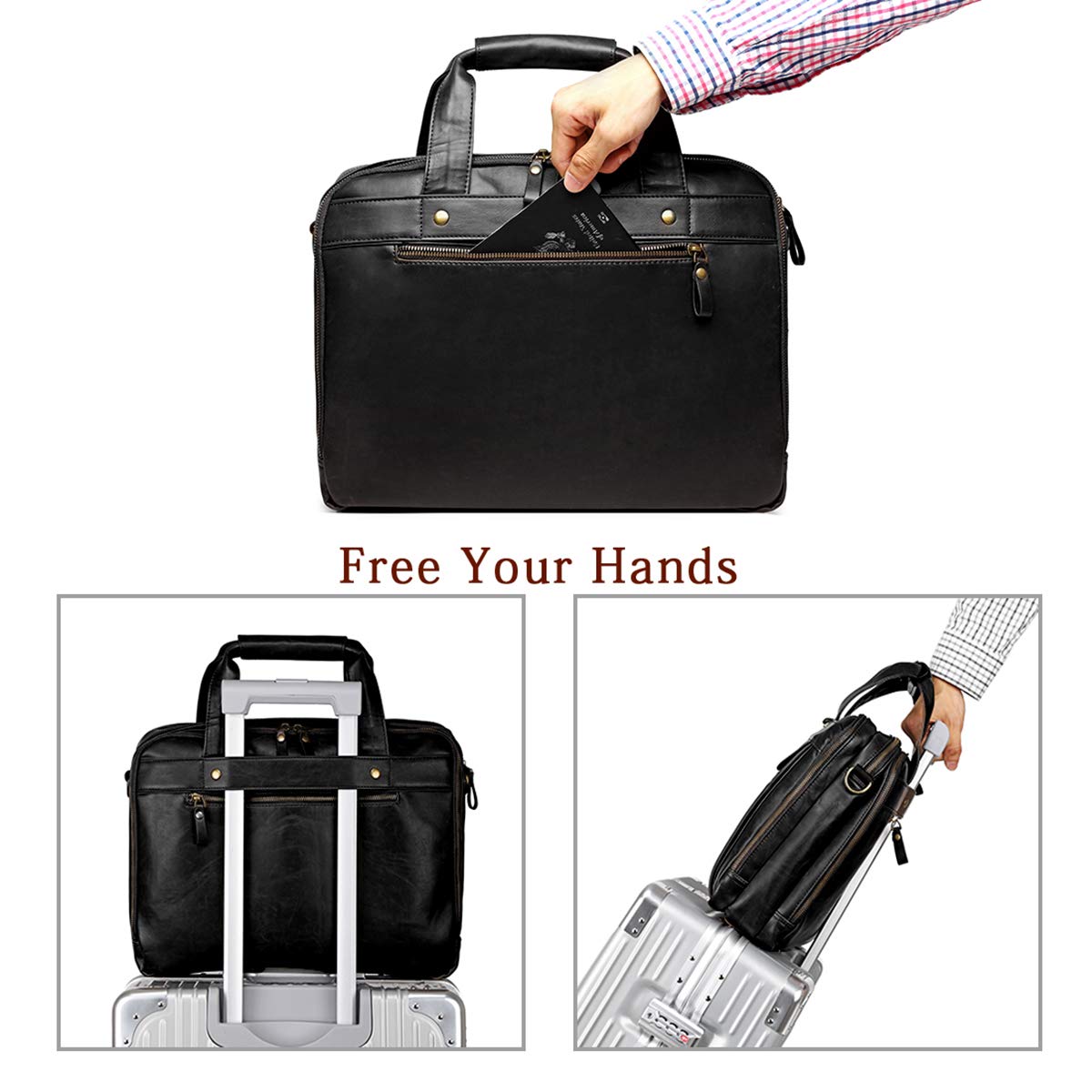 Bosidu Leather Briefcases for Men 15.6 Inch Laptop Messenger Bag with Triple Compartments Water-Resistant Computer Shoulder Bag for Business, Travel, Work, Office, Black