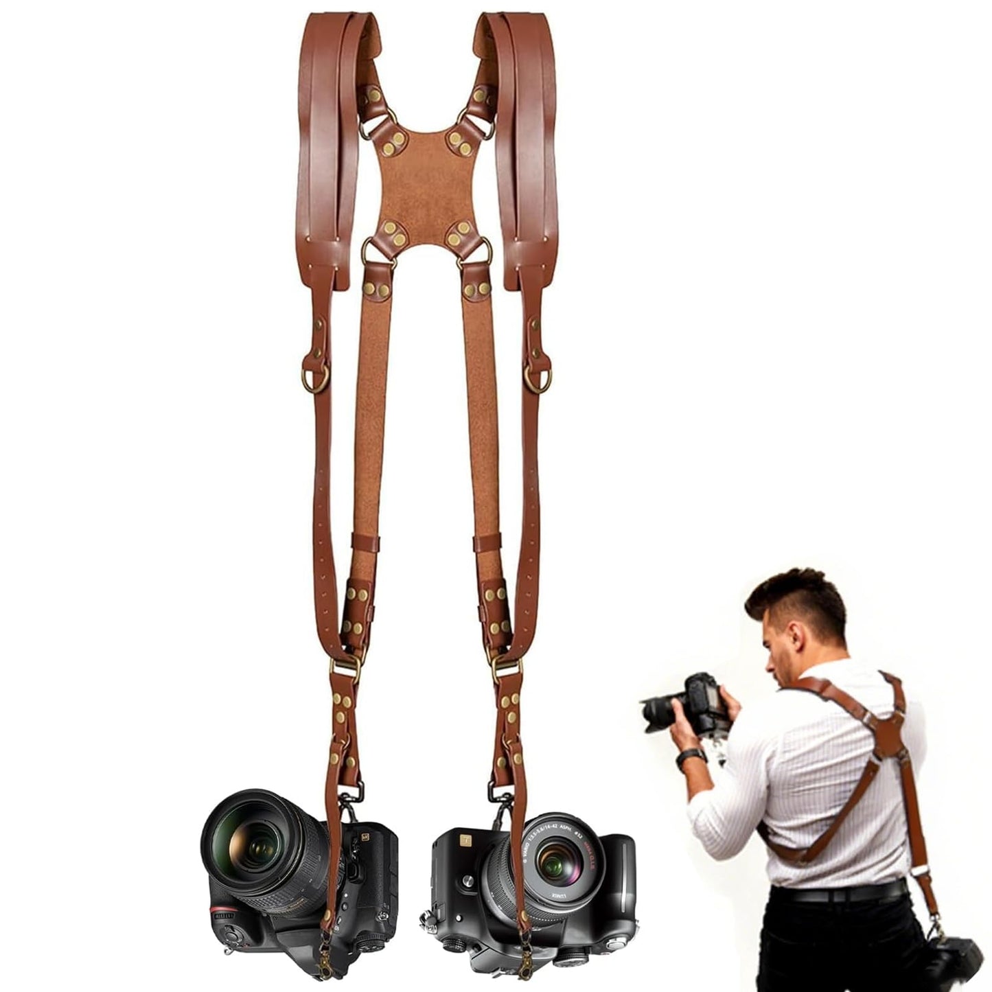 YIHAOSSING Camera Harness,Brown Camera Straps for Photographers,Leather Dual Camera Strap for Two DSLR/SLR Cameras