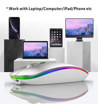 TENMOS Wireless Bluetooth Mouse, LED Slim (Bluetooth 5.1/5.0 + USB) 2.4GHz Rechargeable Silent Bluetooth Wireless Mouse with Type C Adapter for Laptop/MacBook/iPad OS 13 and Above (Matte Black)