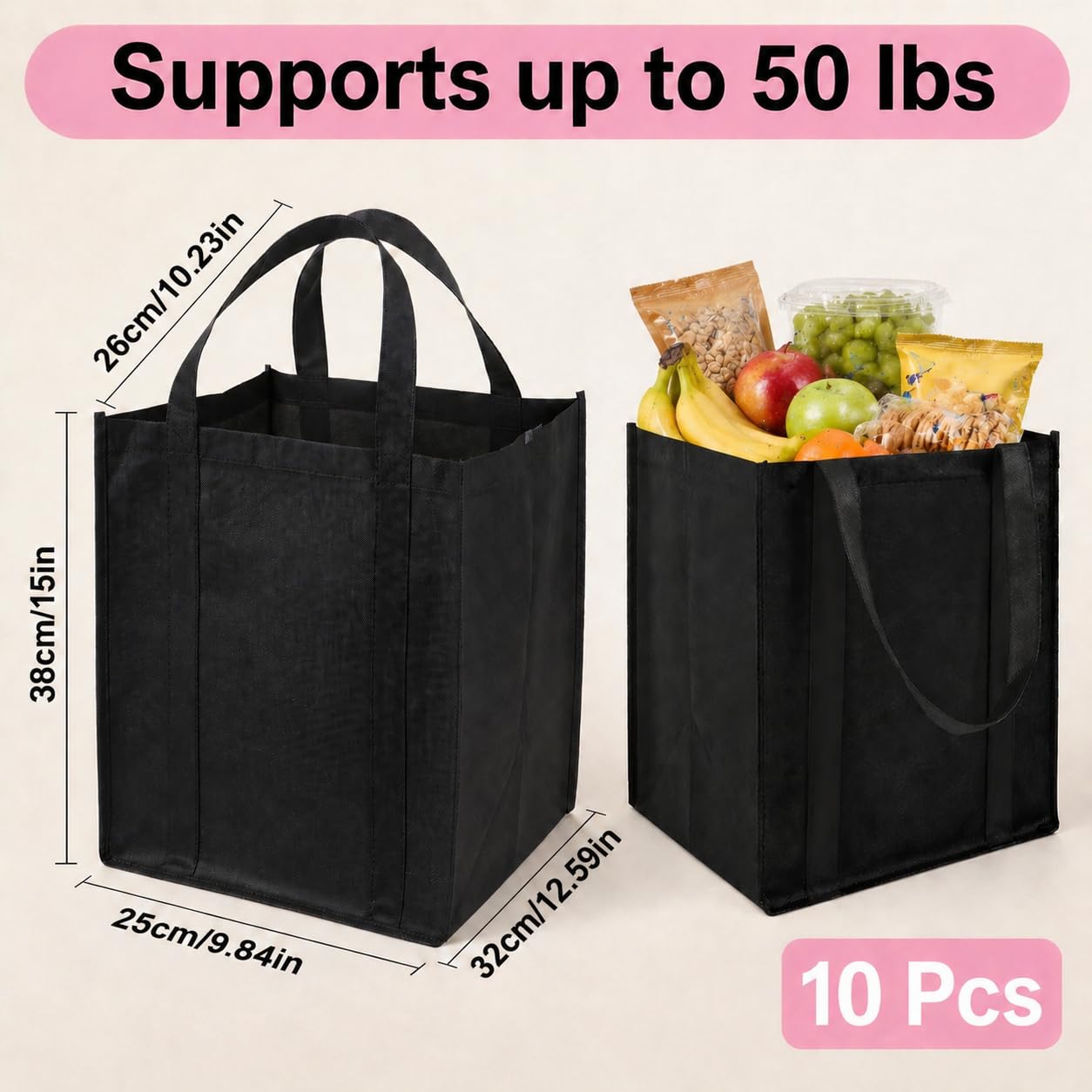Enjamyo 10 Pcs Reusable Grocery Bags, Large Shopping Bag with Reinforced Handles, Heavy Duty Washable Foldable Bag, Grocery Bags(Black)