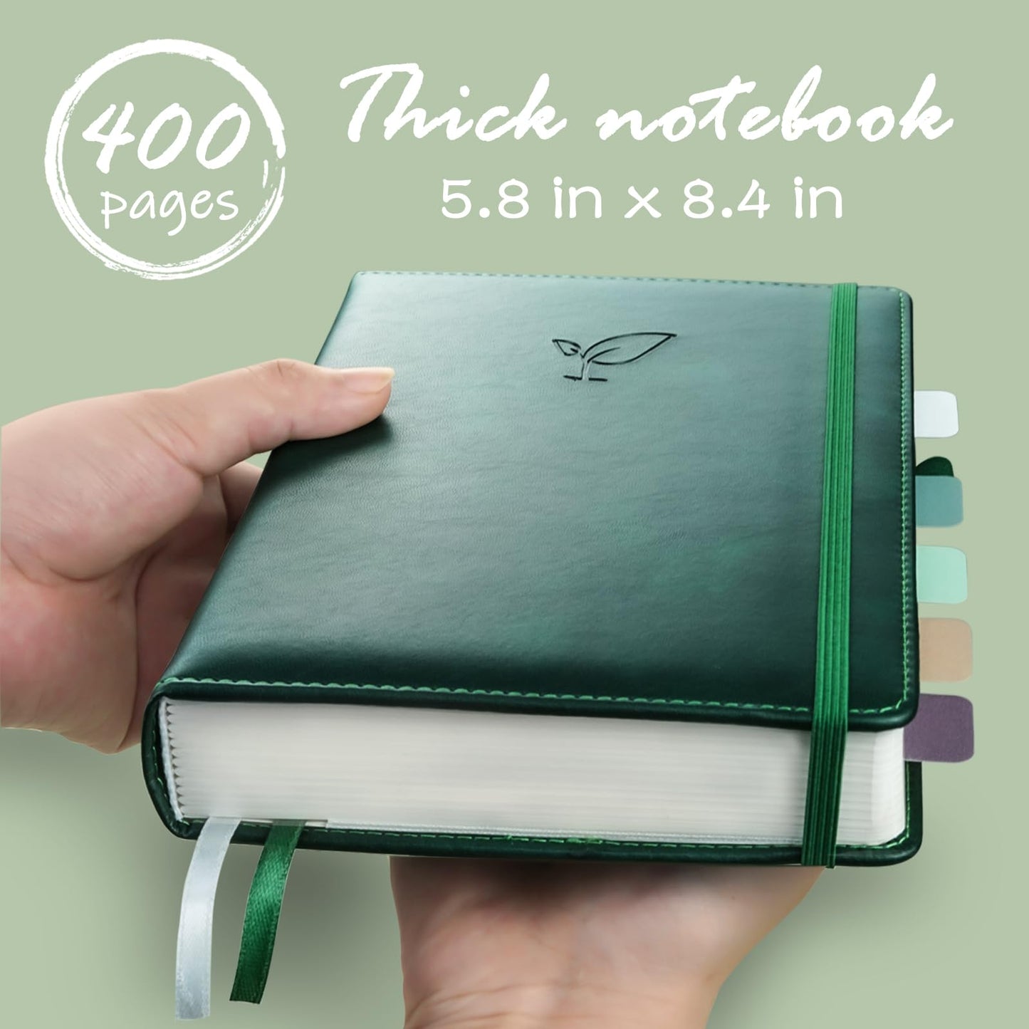 Hoci Poci Lined Journal Notebook, 400 Pages Thick Journal for Writing, A5 Hardcover Leather Notebook with 100Gsm College Ruled Paper for Women Men Work Note taking, 5.8" x 8.4", Green