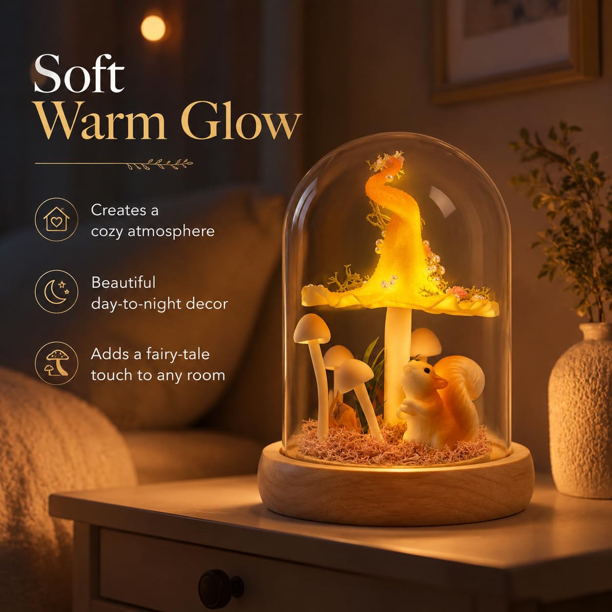 QUELIEN Mushroom Lamp in Glass Dome,Mushroom Gifts for Women - Warm LED Night Light for Bedroom Decor,Birthday Party Decorations,Ideal Birthday Gift Valentines Gift