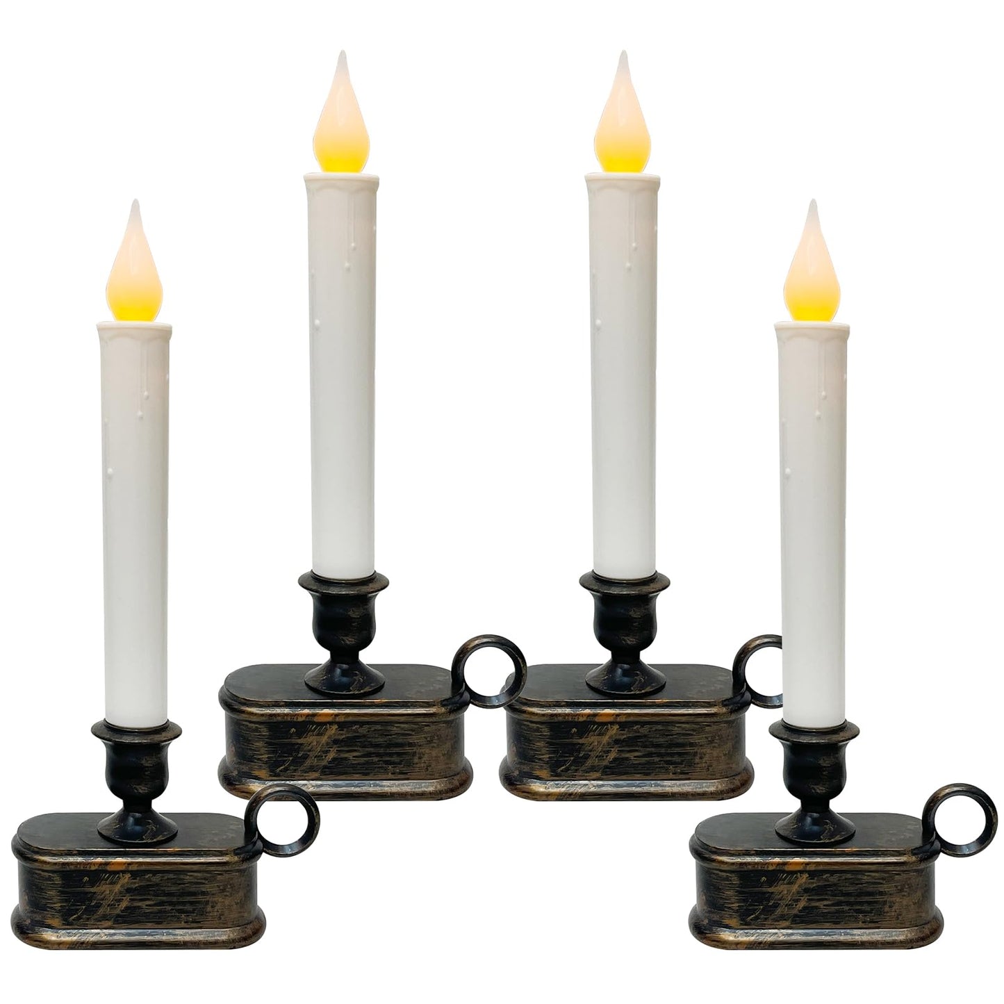 GOOTHY Set of 4 Battery Operated LED Window Candles, Dusk to Dawn Light Sensor, Flicker Flame Christmas Window Candles with Bronze Base, 10 Inch Flameless Taper Candle for Table Bedroom Christmas