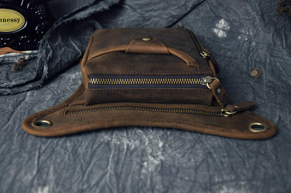 Le'aokuu Mens Genuine Leather Outdoor Sporting Hicking Waist Hip Pack Messenger Shoulder Drop Leg Thigh Bag Pouches For Women (211-5 0 Dark Brown)