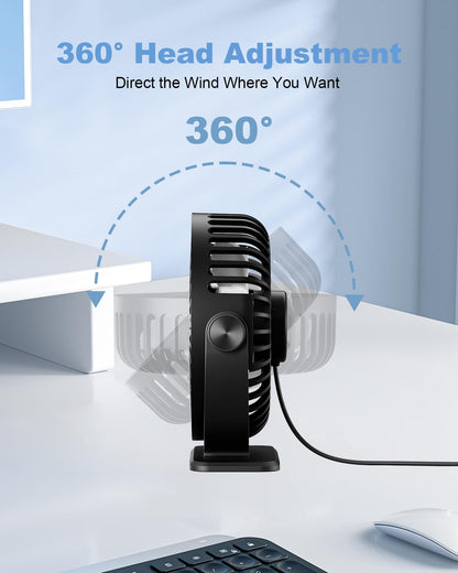 TriPole Desk Fan 2 Pack Black USB Powered Small Portable Fan, 3 Speeds Adjustable Strong Breeze Mini Personal Fan, 360° Rotation Quiet Plug In USB Fan for Desktop Bedroom Office Table Travel, 4.5in