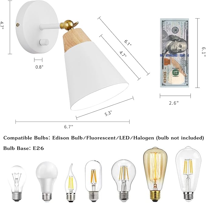 Wall Sconce Lighting Fixture with Metal Shade, On/Off Switch, Indoor Decor Wall Mount Swing Arm Lamp for Bedroom,Hallway,Living Room,Reading, White