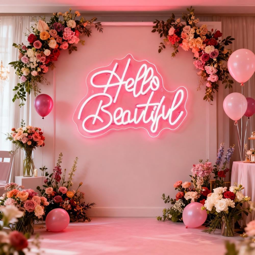Hello Beautiful LED Neon Sign - USB Powered Dimmable Neon Light for Bedroom Living Room Dorm Home Decor Party Wall Table Art Decorations Gift for Teen Girls Women 16.5 x 11 In