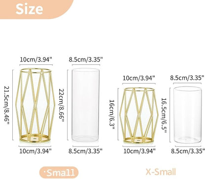 Nuptio Gold Pillar Candle Holder: 8 Pcs Glass Hurricane Candles Holders with Geometric Metal Rack Stand for Wedding Birthday Party Centerpieces - Decorative Flower Vase for Office Living Room