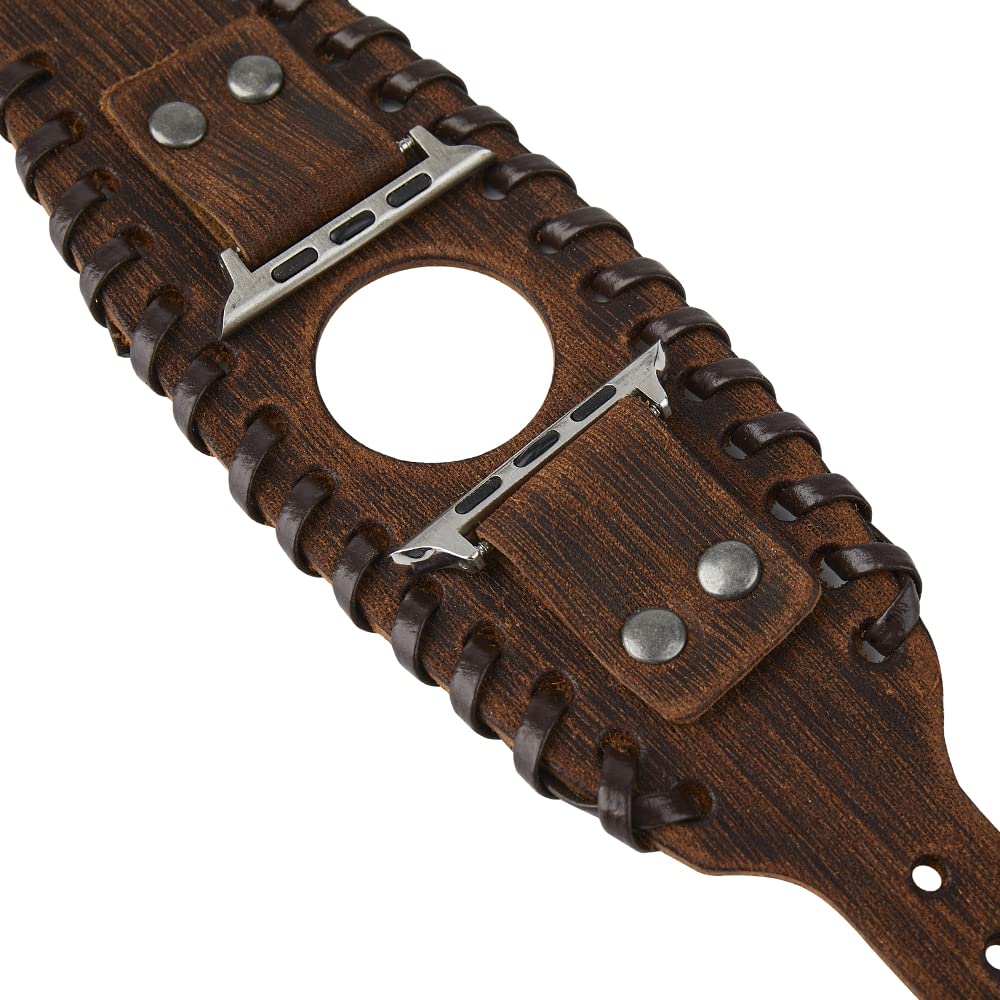 KONAFEI Compatible with Apple Watch Band 49mm 46mm 45mm 44mm 42mm 41mm 40mm 38mm iWatch Ultra Series 10/9/8/7/SE/6/5/4/3/2/1 for Men Women, Leather Handmade Cuff Bracelet Woven Vintage Strap, Brown