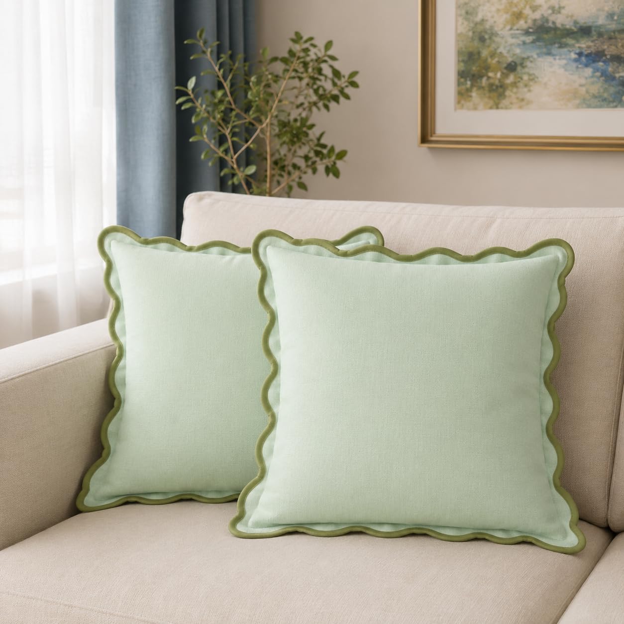 Folkulture Throw Pillow Covers 20x20 Set of 2 | Cotton, Boho, Cute Sage Green Pillow Covers for Couch | Aesthetic, Preppy Scalloped Pillow Cover for Sofa Living Room| Decorative Spring Pillow Cover