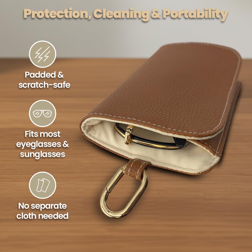 Chrome Cherry CleanSleeve Soft Eyewear Case with Integrated Microfiber Cloth – Slim, Scratch Protection Pouch for Glasses & Sunglasses, Lightweight PU Leather Sleeve with Clip (Not a Hard Case)