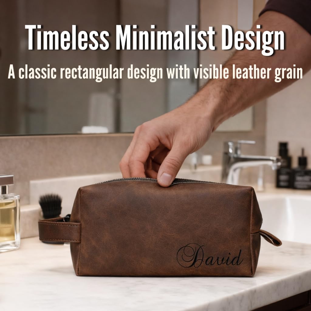 GiftShopie Personalized Handmade Genuine Leather Toiletry Bag | Custom Engraved Shaving Dopp Kit with Name, Initial | Travel Pouch for Men, Him, Husband, Dad, Boyfriend | Gift Idea for Groomsmen