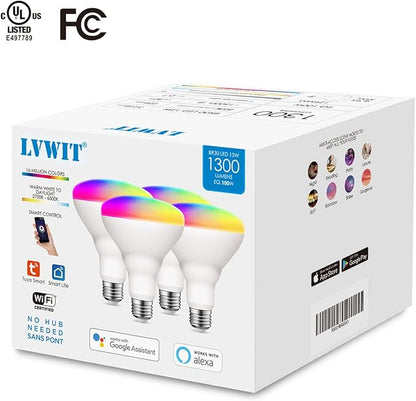 LVWIT Smart Light Bulbs Alexa, BR30 100W Equivalent, E26 Smart LED, Work with Google Assistant, Smart Life App, Tuya App, Dimmable 1300 Lumens RGB Color Changing Bulb (13W), No Hub Required, 4-Pack
