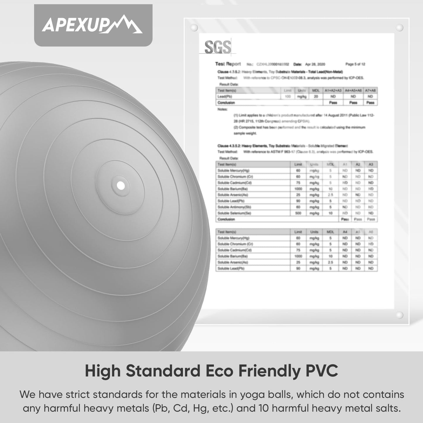 APEXUP Yoga Ball, 660 lbs Anti-Burst Exercise Ball with Pump, 5 Sizes (M (19"~22) 55cm, Silver)