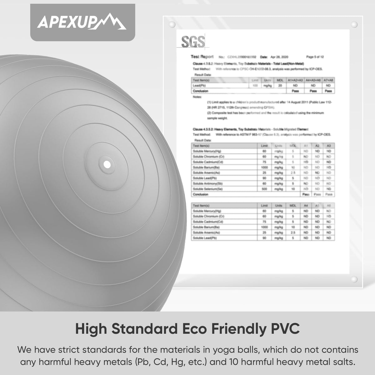 APEXUP Yoga Ball, 660 lbs Anti-Burst Exercise Ball with Pump, 5 Sizes (S (15"~18") 45cm, Silver)