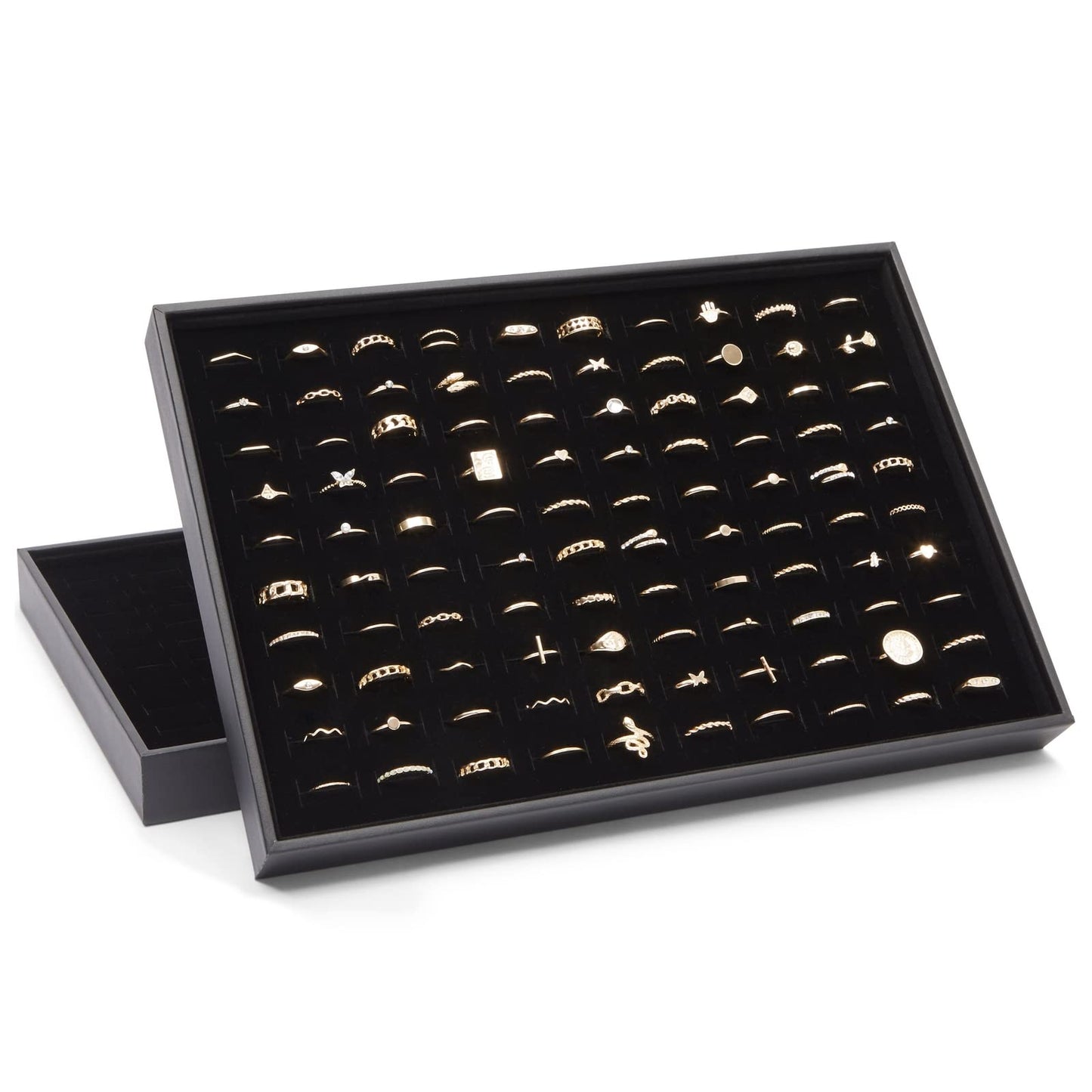 Juvale Ring Display Tray - Velvet Protection & Jewelry Display - Removable Pad & Earring Storage - Stackable Jewelry Trays & Glasses Holder for Nightstand - Pack of 2, 13.8 x 9.5 x 1.3 in, Black