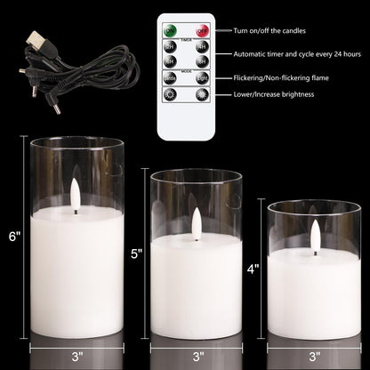 GenSwin Rechargeable Flameless Candles with Remote Timer, Clear LED Battery Operated Candles with Flickering Flame, Glass and Real Wax Pillar Candle Holiday Home Decor(Set of 3, D3”xH4”5”6”)