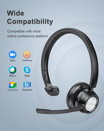 Link Dream Trucker Bluetooth Headset 20H Talktime Wireless Headset with 270°Rotatable Noise Cancelling Microphone USB Dongle for Online Meeting, Office Home, Call Center, Computer, Cell Phone (BH60)