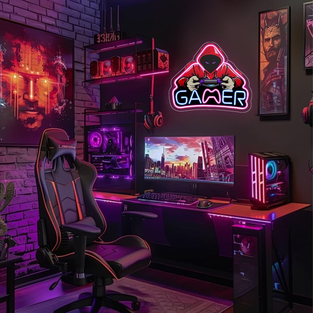 RuCvixkt Gamer Neon Sign for Game Room Decor, Gaming Neon Sign LED USB Power Neon Lights for Boys Bedroom, Man Cave, Gaming Wall Decor, Gifts for Teen Boys, Birthday Christmas