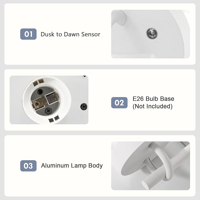 Outdoor Dusk to Dawn Wall Light Exterior Light Fixture Sconce Pure Aluminum Porch Lantern White E26 (Bulb Not Included) Waterproof Lamps Decoration Garden Yard Lights for Garage Fence Front Door