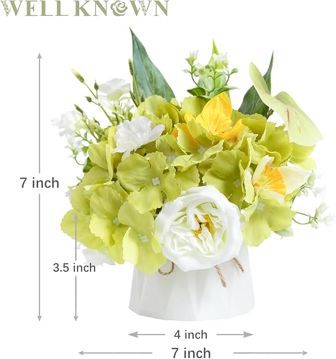 WELL KNOWN Small Fake Flowers in Plastic Vase 7" Centerpieces Coffee Table Decor, Green White Silk Flower Arrangements for Home Decor Indoor Artificial Flower Bouquet for Dining Room Kitchen Wedding