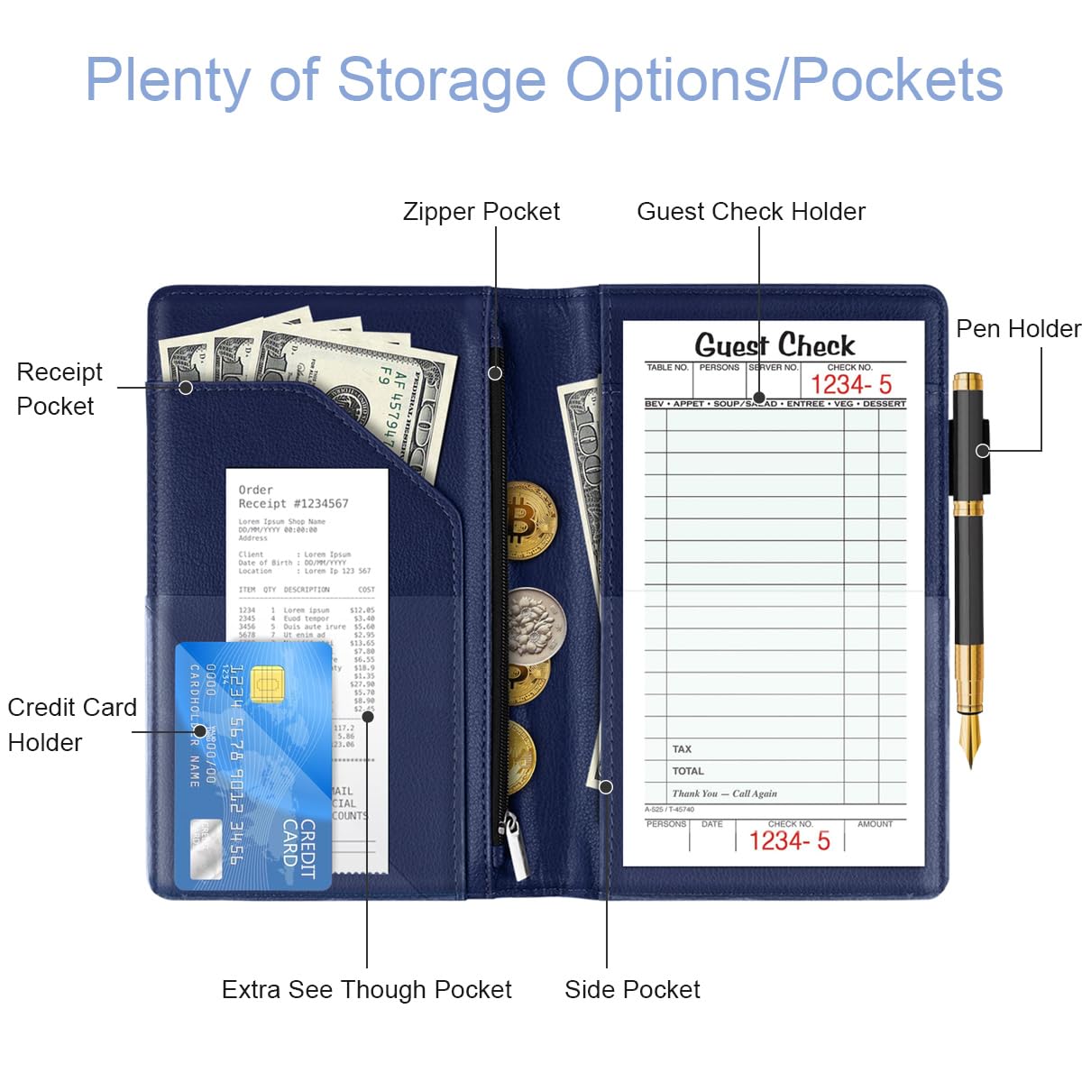 WAVEYU Cute Server Books for Waitress Waiter, Leather Guest Book Note Pad with Zipper, Money Organizer Wallet, Cash Check Bill Receipt Holder Presenter, 8x5 inch, Mandala