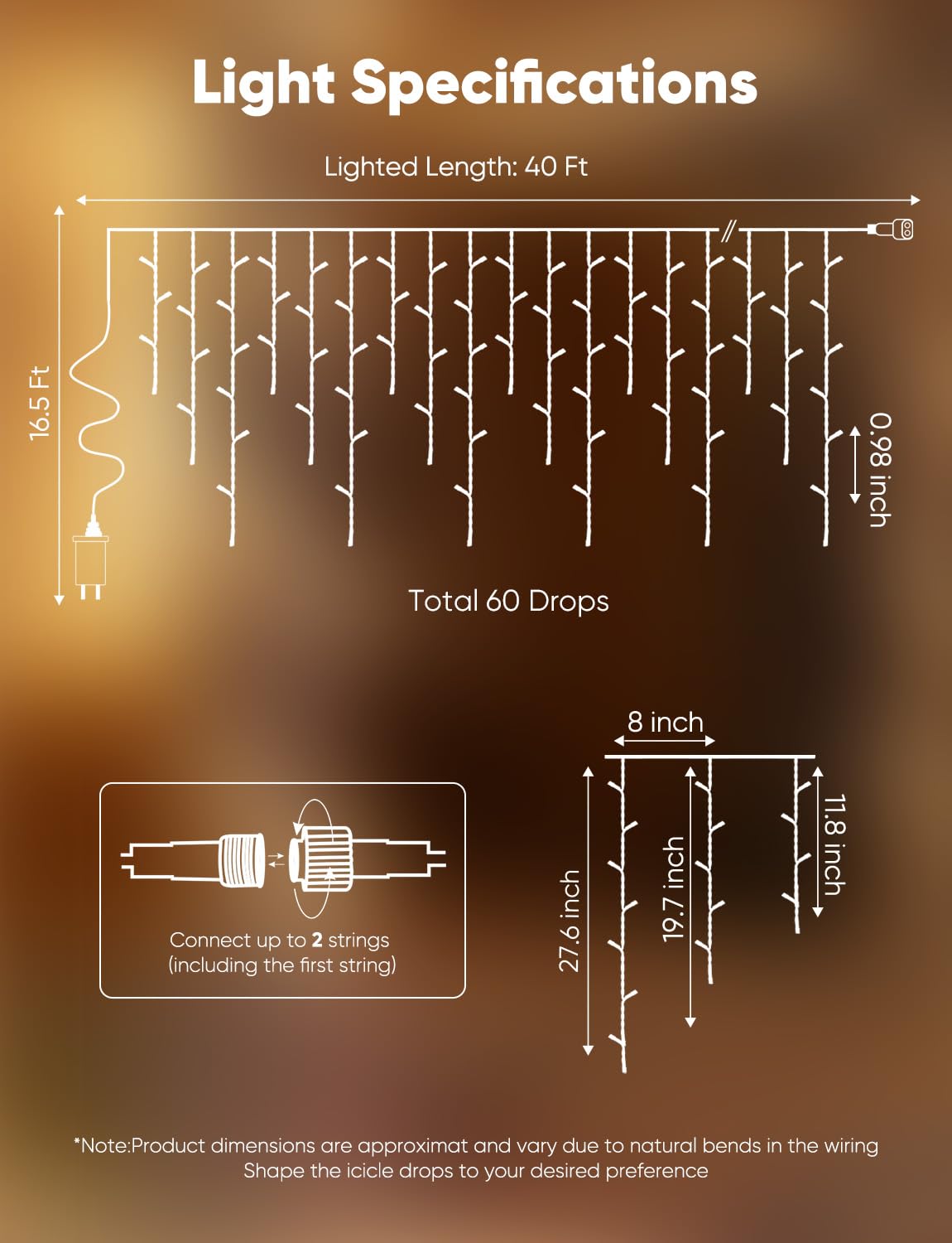 Brightown Icicle Christmas Lights Outdoor, 40FT 1200 LED Cluster Icicle Lights with 60 Drops,12 Mode, Connectable Firecracker Light with Timer, Waterproof Christmas Light Outdoor, Warm White
