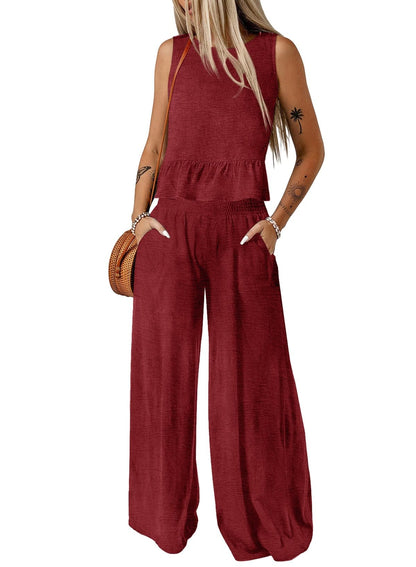 Dokotoo Pants Sets Women 2 Piece Outfits Sleeveless Round Neck Tank Tops Matching Sets for Women Elastic Waist Wide Leg