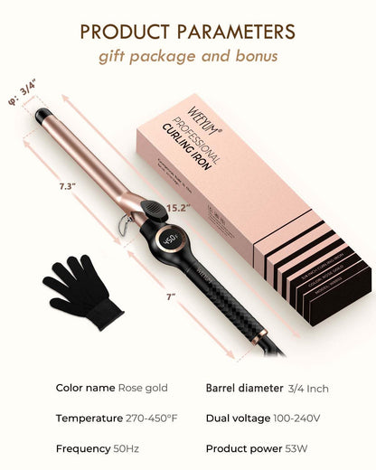 Large Curling Iron 2 Inch, Ceramic Long Barrel Hair Curling Wand, Hair Styling Tool, Dual Voltage, LCD Display, Black