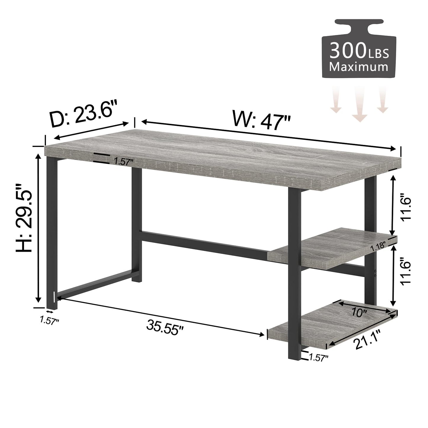 FOLUBAN 47 Inch Home Office Desk, Modern Computer Desk with Storage Shelves, Small Study Writing Gaming Table Workstation for Living Room Bedroom, Industrial Light Grey
