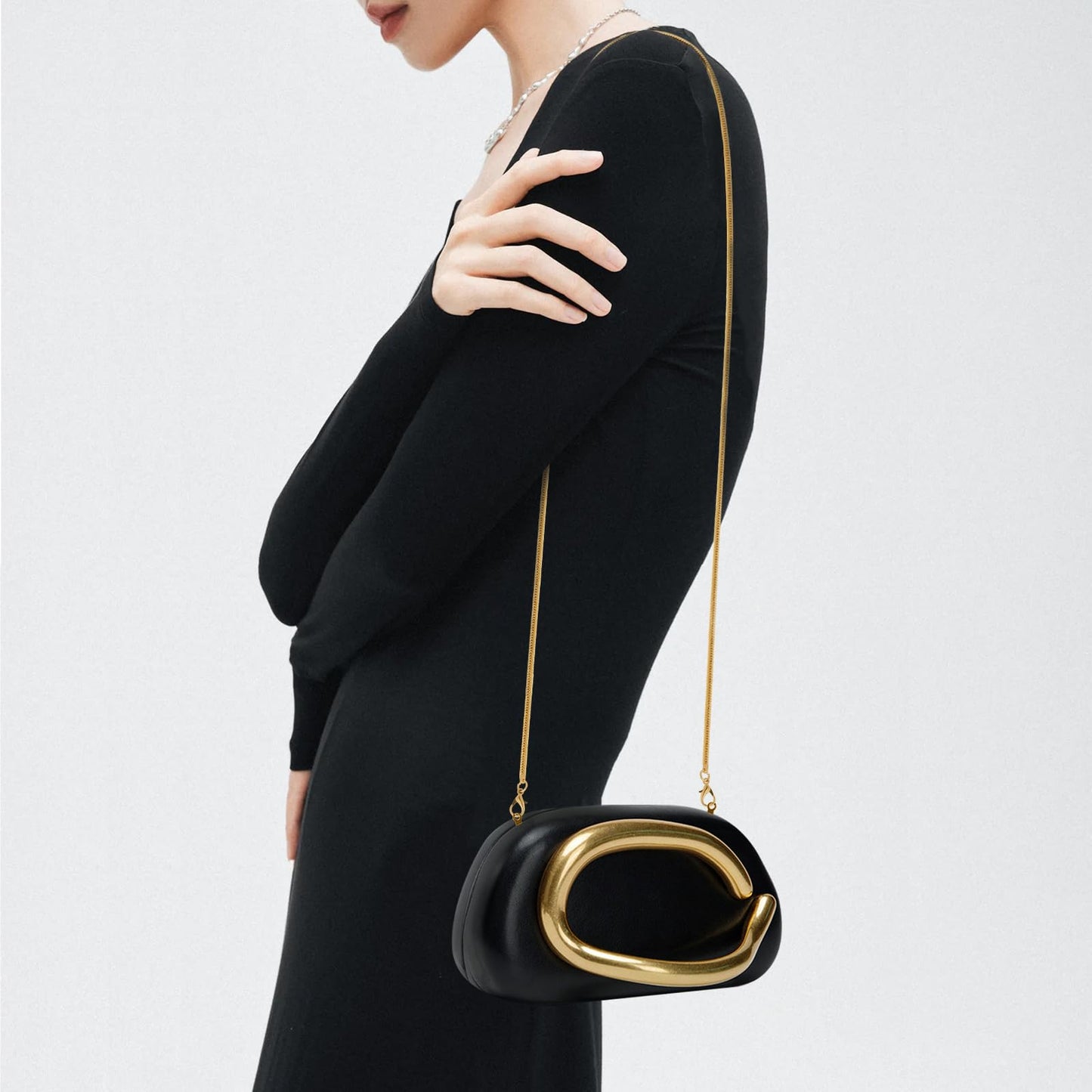 NEWROGENG Clutch Purses for Women Formal, PU Leather Evening Bags with Chain, Trendy Metal Handle Purses and Handbags 2025, Leather Black