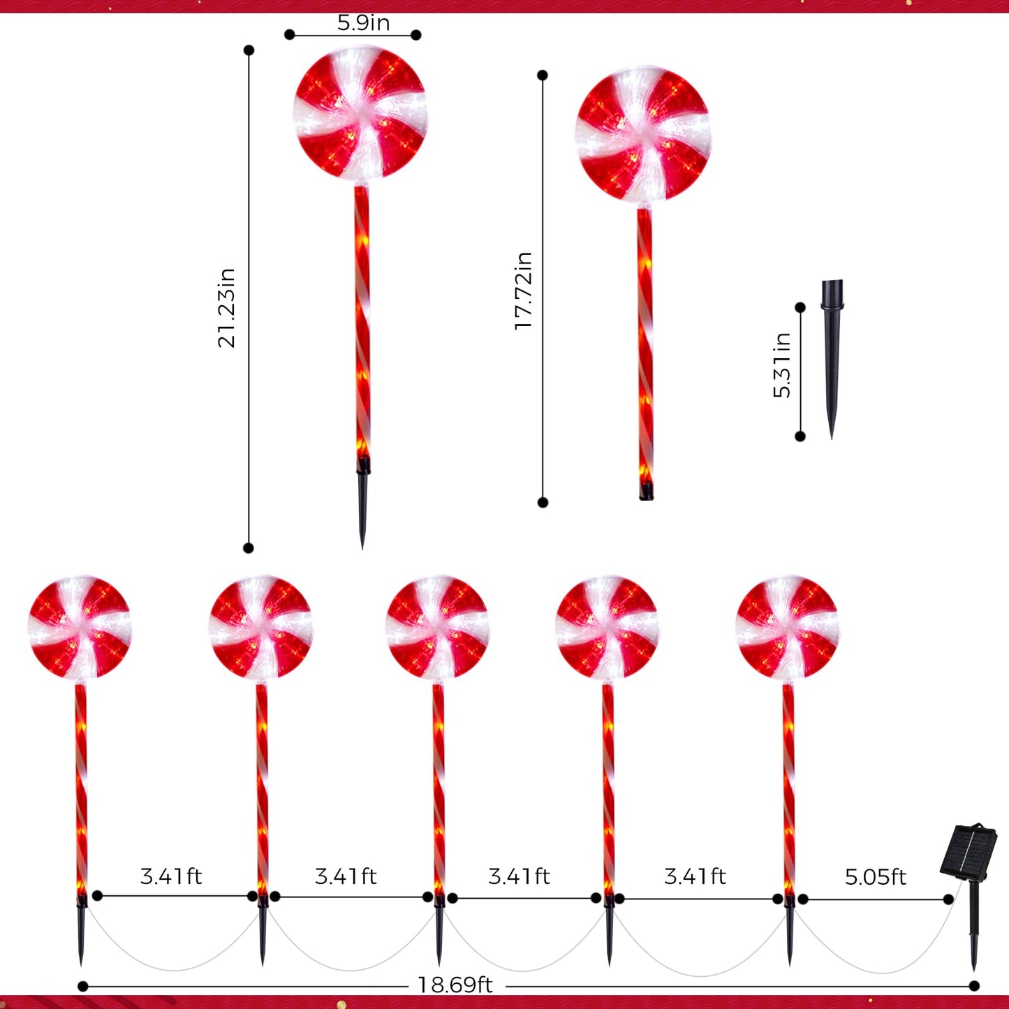Outdoor Christmas Decorations Solar Pathway Lights, Set of 10 Lollipops Peppermint Stake Lights, 8 Modes Candy Cane Walkside Lights, Outdoor Xmas Decoration for Walkway,Yard (10PCS-Red)