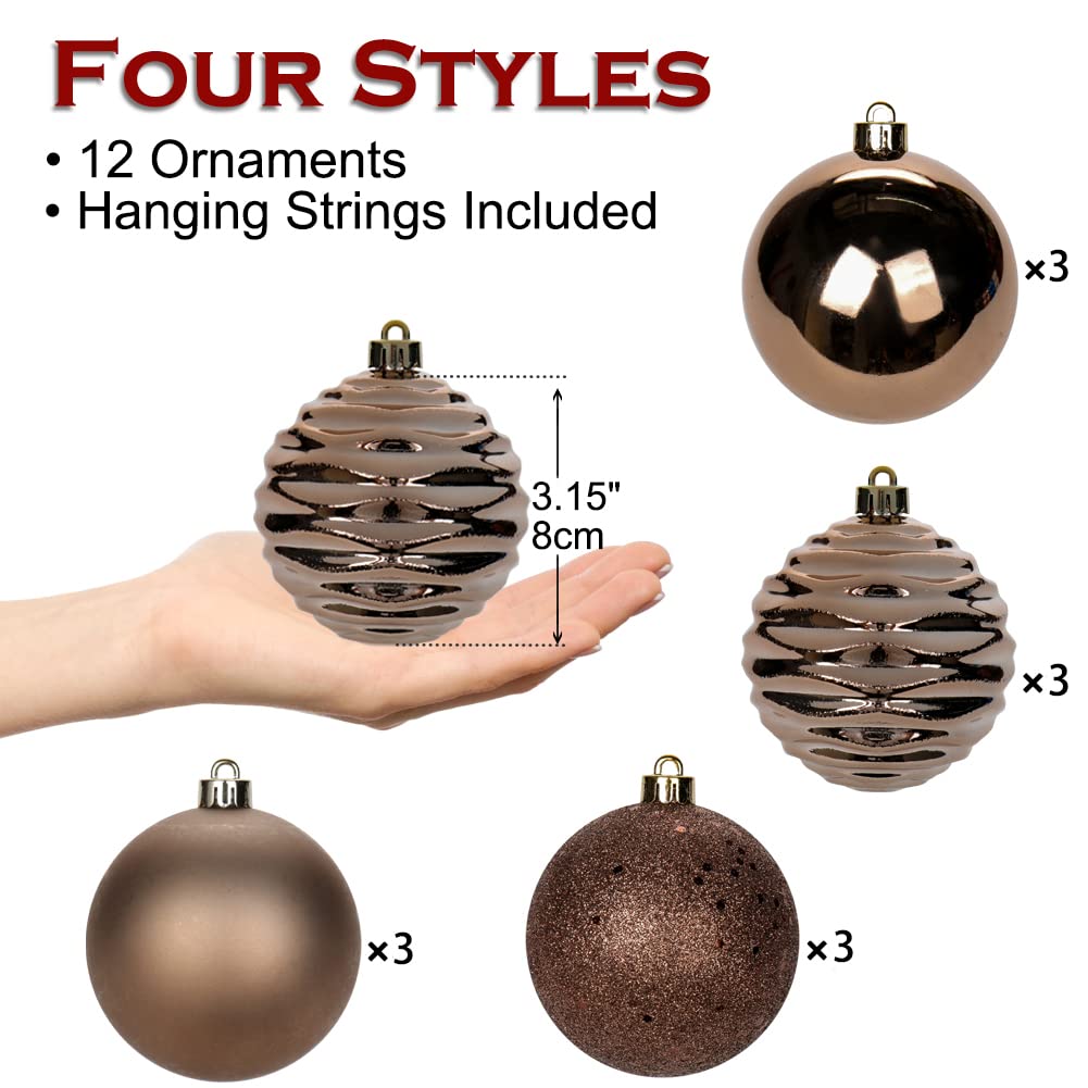 3.15" Christmas Ball Ornaments Brown 12 Pcs Shatterproof Christmas Tree Decorations Xmas Tree Medium Christmas Ornaments Balls with Hanging Loop for Halloween Wedding Holiday Party Wreath Home Decor