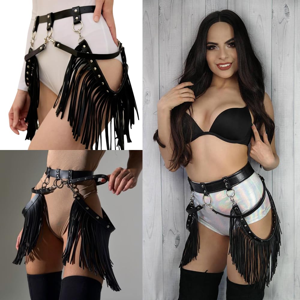 Women Punk Tassel Belt Leather Body Harness Waist Chain Gothic Caged Belt Rave Party Nightclub Costume