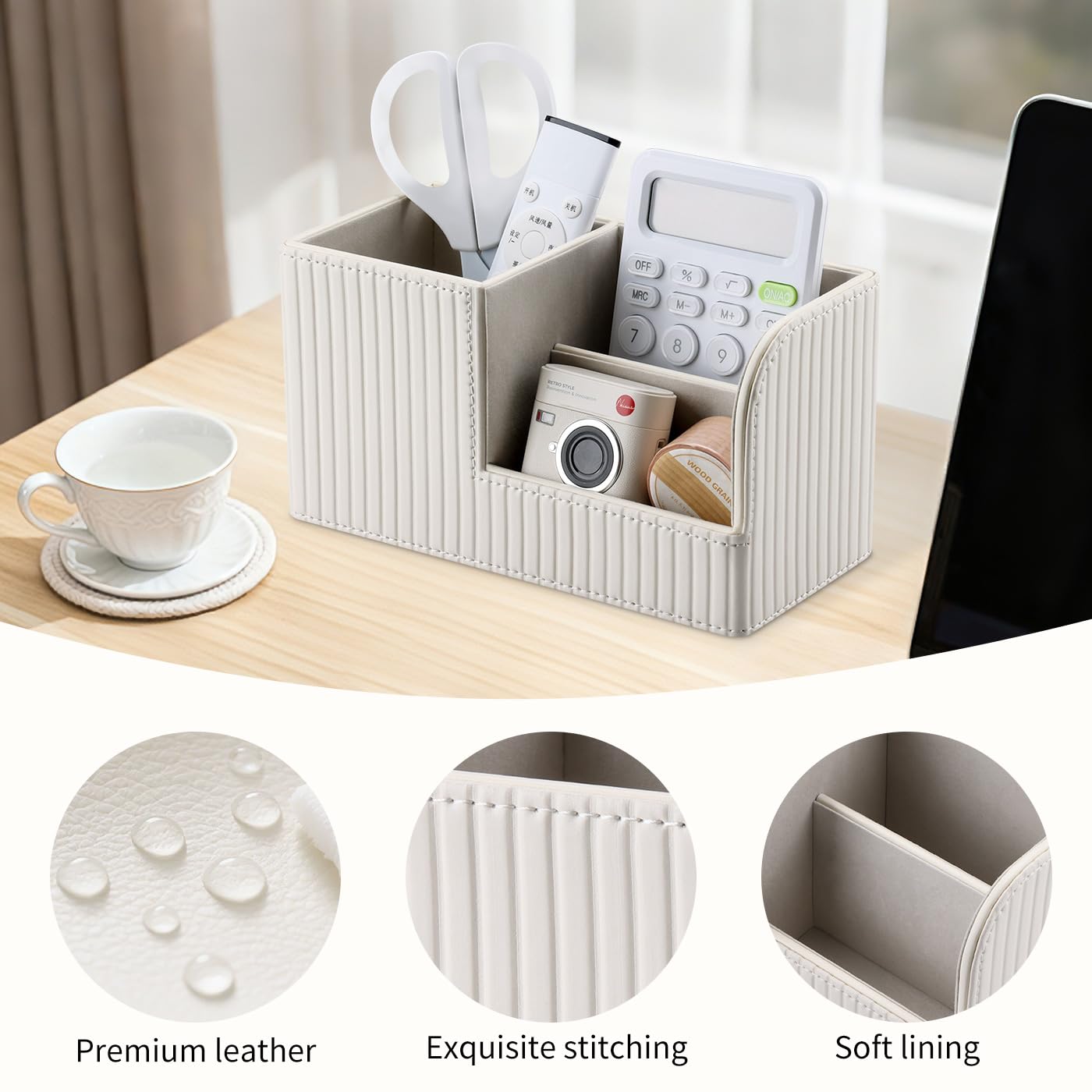 KINGFOM Desk Pen Organizer Office Supplies Caddy Pu Leather Multi-function Storage Box Pen/Pencil,Cell phone, Business Name Cards Remote Control Holder (Ivory White)