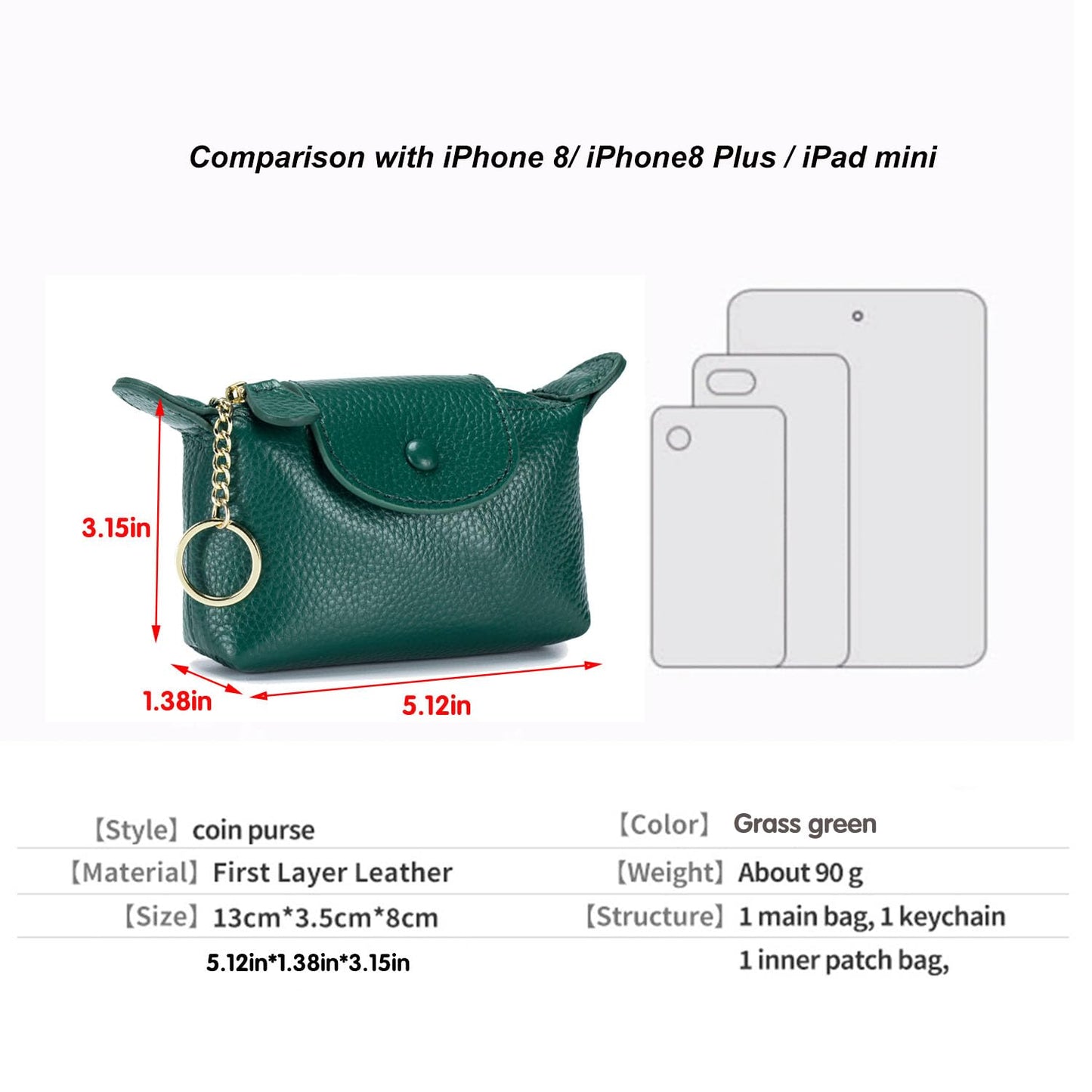 BDHRKTE Grass Green Leather Coin Purse with Keychain - Small Zipper Pouch for Women, Mini Wallet for Cash Coins Credit Cards