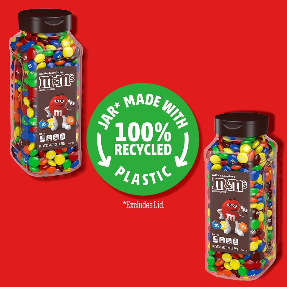 M&M's Milk Chocolate Bulk Candy in Resealable and Recyclable Jars, Party Size Assorted Chocolate Candies, Movie Night Snacks, Candy Buffet, 25.5 Ounces Each (Pack of 2)