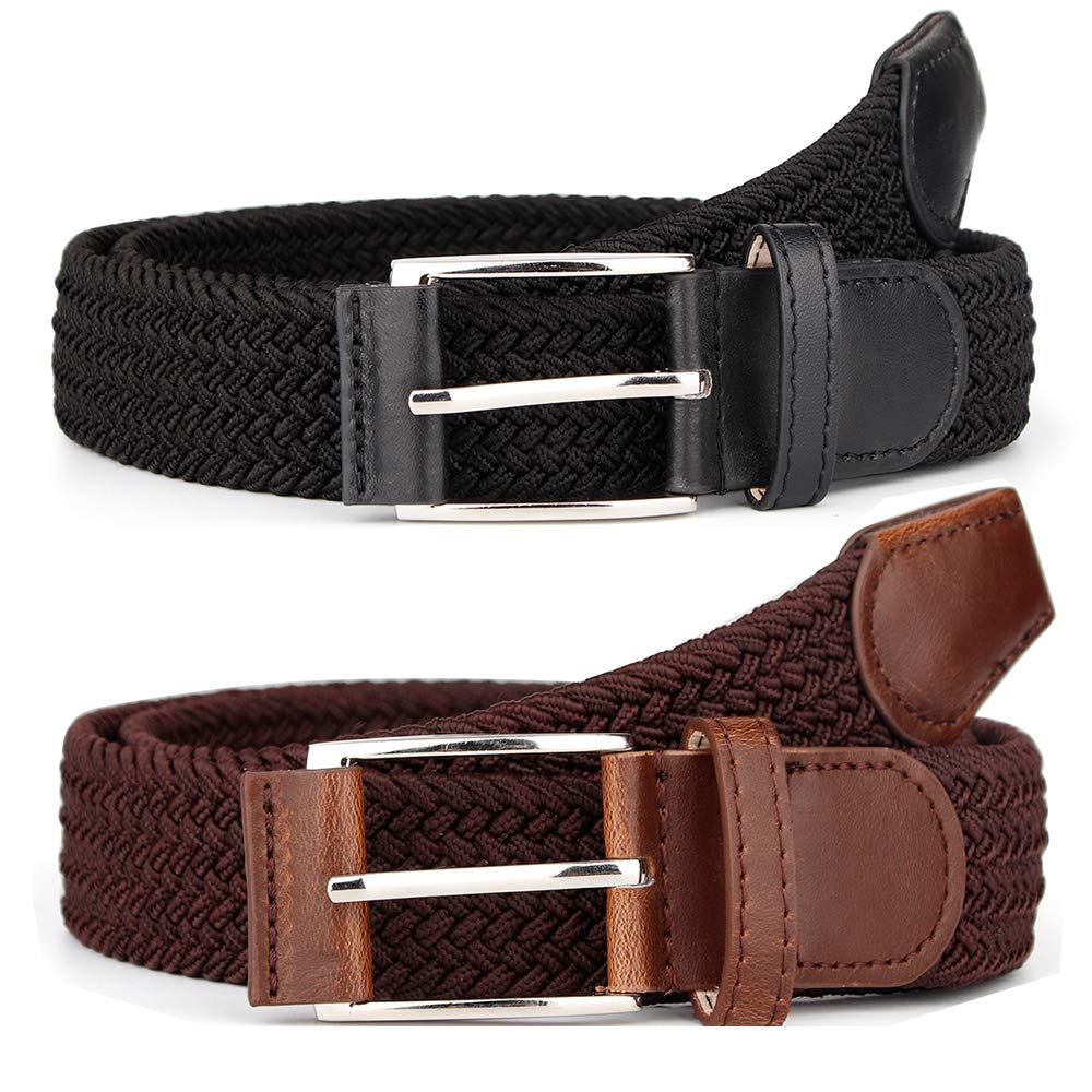 2 Pieces Braided Woven Elastic Stretch Canvas Belts for Men Women (Black+Brown, M)